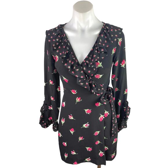 Club Monaco 100% Silk Black Floral Ruffle Long Sleeve V-Neck Mini Wrap Dress 0 - Picture 1 of 5